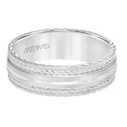 Mens wedding band with satin finish and milgrain edge, rope treatment on top and the sides with flat profile.