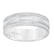 Mens wedding band with satin finish and milgrain edge, rope treatment on top and the sides with flat profile.