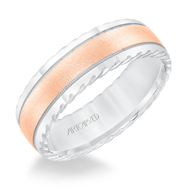 Mens wedding band with soft sand finish and round edge, rope treatment on the side with milgrain accent and low dome profile.