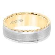 Mens wedding band with serrated finish and round edge, rope treatment on the side with a low dome profile.
