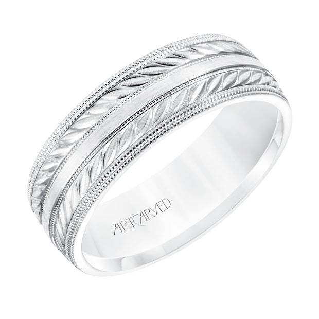 7MM Comfort Fit Wedding Band with a Wheat Motif and Milgrain Accent with Milgrain Edges