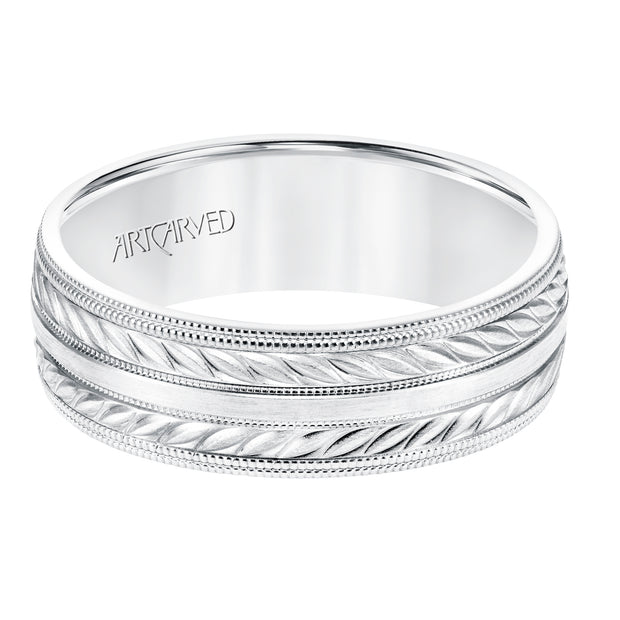 7MM Comfort Fit Wedding Band with a Wheat Motif and Milgrain Accent with Milgrain Edges