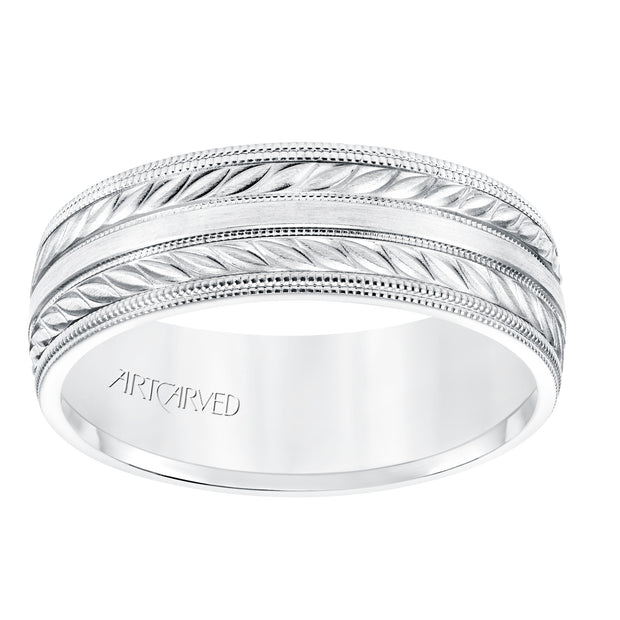 7MM Comfort Fit Wedding Band with a Wheat Motif and Milgrain Accent with Milgrain Edges