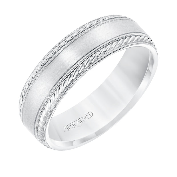 6.5 MM Comfort Fit Wedding Band with Satin Finish, Rope and Milgrain Accent with Milgrain Edges
