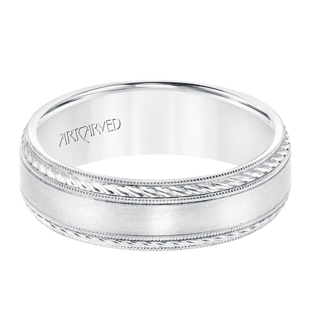 6.5 MM Comfort Fit Wedding Band with Satin Finish, Rope and Milgrain Accent with Milgrain Edges