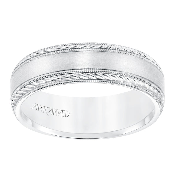 6.5 MM Comfort Fit Wedding Band with Satin Finish, Rope and Milgrain Accent with Milgrain Edges