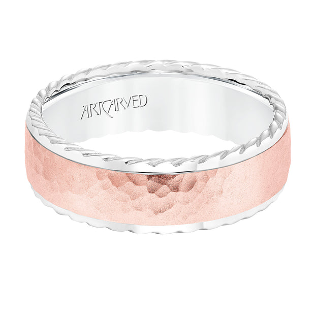 7MM Wedding Band with Hammered Finish  Rope Edge Detail and Dome Profile Please note hand hammered styles will have slight variations due to the nature of the manufacturing process