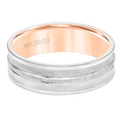 Mens Comfort Fit Wedding Band with Concave Design, White Gold Exterior with Milgrain Center with Polished Flat Edge and Rose Gold Interior