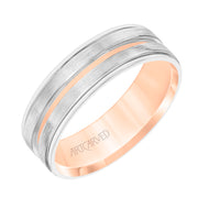 Mens Comfort Fit Wedding Band with White Gold Exterior with Brushed Finish and Polished Cut Center with Polished Round Edge and Rose Gold Interior