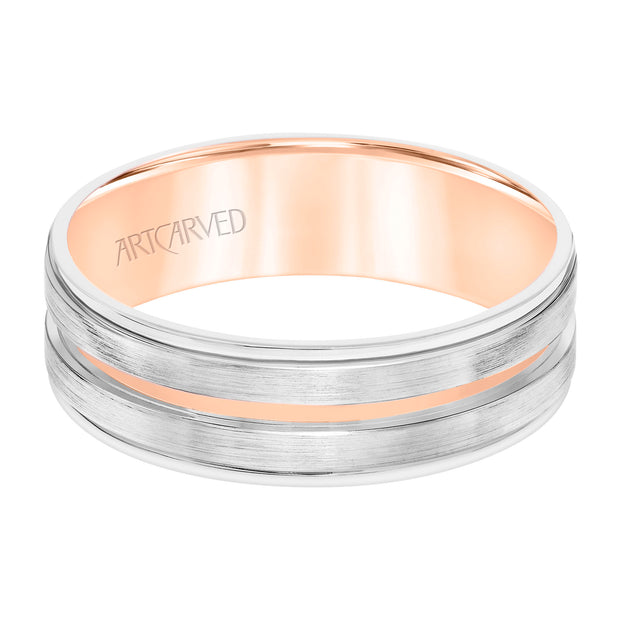 Mens Comfort Fit Wedding Band with White Gold Exterior with Brushed Finish and Polished Cut Center with Polished Round Edge and Rose Gold Interior