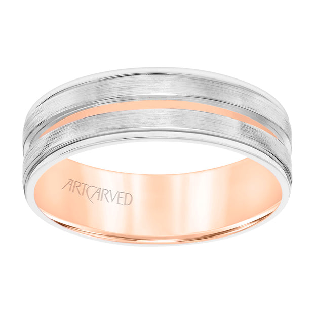 Mens Comfort Fit Wedding Band with White Gold Exterior with Brushed Finish and Polished Cut Center with Polished Round Edge and Rose Gold Interior