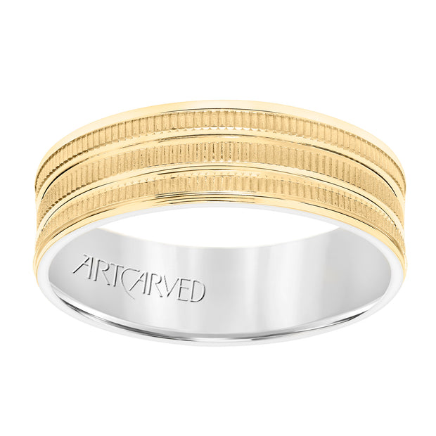 Mens Comfort Fit Wedding Band with Yellow Gold Exterior with Coin Finish with Polished Flat Cuts and Polished Flat Edge with White Gold Interior
