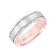 Mens Comfort Fit Wedding Band with Rose Gold Exterior with Brushed Center with Milgrain Accents and Polished Round Edge with White Gold Interior
