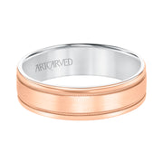 Mens Comfort Fit Wedding Band with Rose Gold Exterior with Brushed Center with Milgrain Accents and Polished Round Edge with White Gold Interior