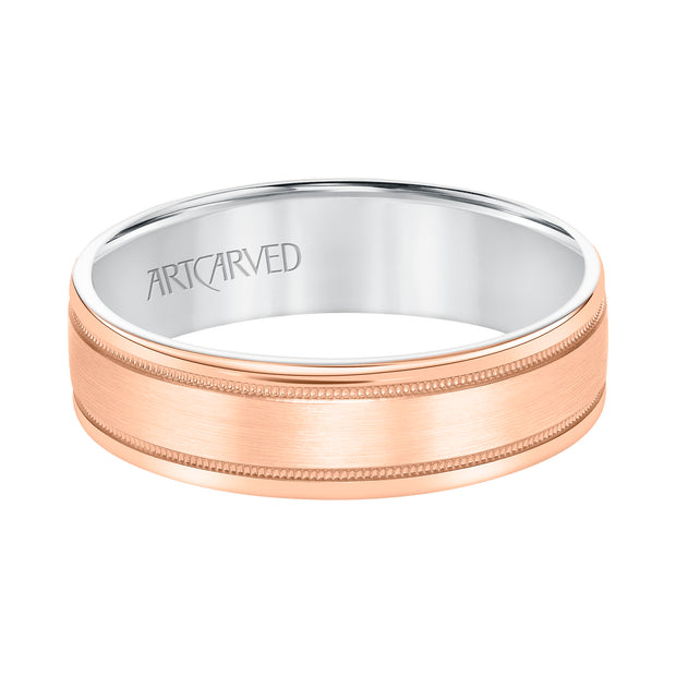 Mens Comfort Fit Wedding Band with Rose Gold Exterior with Brushed Center with Milgrain Accents and Polished Round Edge with White Gold Interior