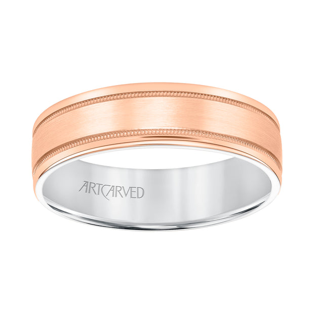 Mens Comfort Fit Wedding Band with Rose Gold Exterior with Brushed Center with Milgrain Accents and Polished Round Edge with White Gold Interior