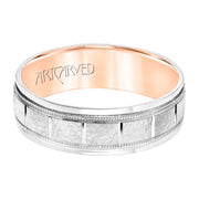 Mens Comfort Fit Wedding Band with White Gold Exterior with Stone Finish and Polished Vertical Cut Center with Milgrain Accents, Polished Round Edge and Rose Gold