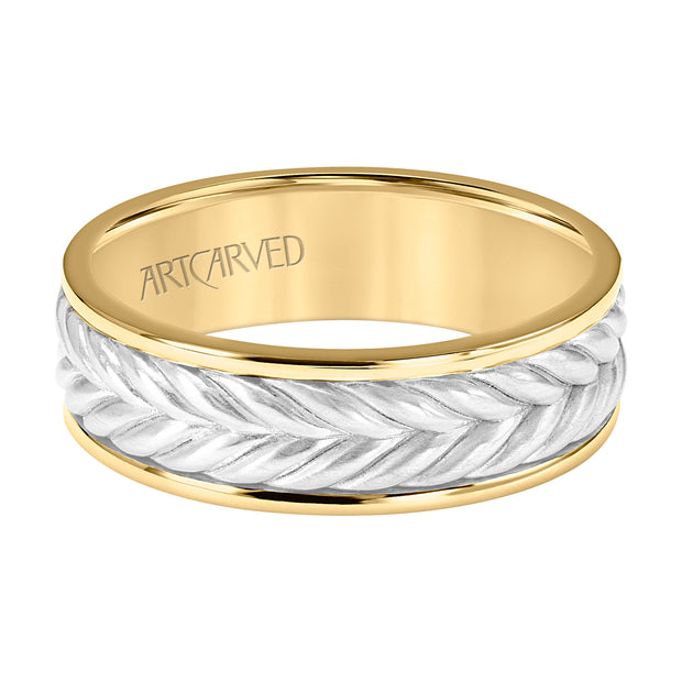 7MM Mens Wedding Band -  Brushed Finish with Braided Center Design and Round Edge