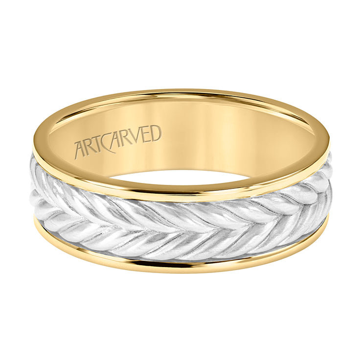 7MM Mens Wedding Band -  Brushed Finish with Braided Center Design and Round Edge
