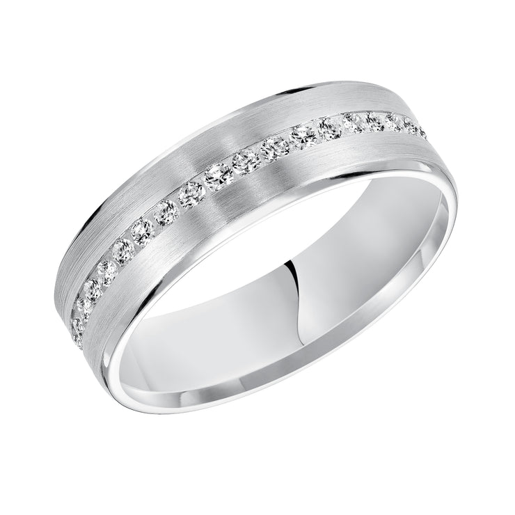 An Exquisite Row Diamonds Satin Finish and Rolled Edges Perfect the Luxurious Design of this Comfort Fit Wedding Band