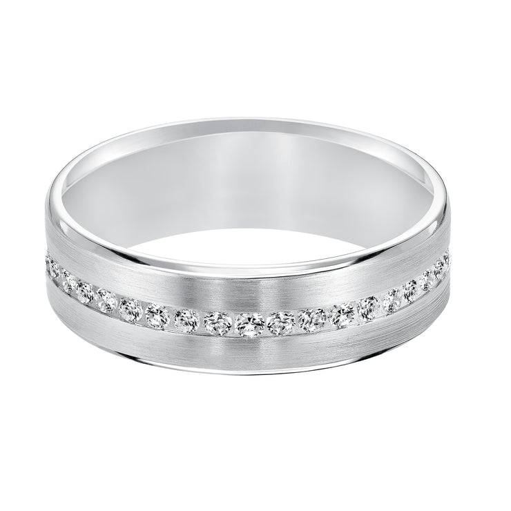 An Exquisite Row Diamonds Satin Finish and Rolled Edges Perfect the Luxurious Design of this Comfort Fit Wedding Band