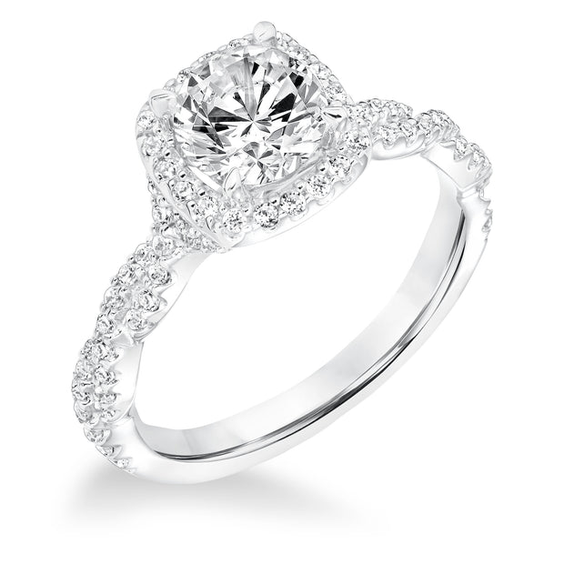 Contemporary Diamond Halo with Twisted Shank Engagement Ring