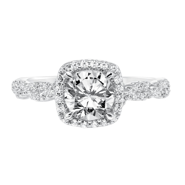Contemporary Diamond Halo with Twisted Shank Engagement Ring