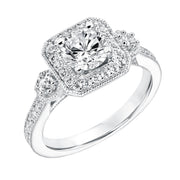 Three Stone Diamond Halo Engagement  Ring with Diamond Shank and Milgrain Detail