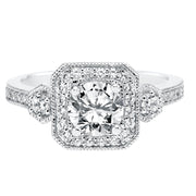 Three Stone Diamond Halo Engagement  Ring with Diamond Shank and Milgrain Detail