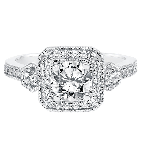 Three Stone Diamond Halo Engagement  Ring with Diamond Shank and Milgrain Detail
