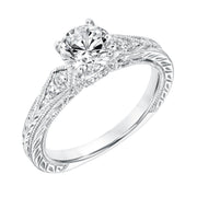 Diamond Prong Set Engagement Ring with Pinched Diamond Engraved  Shank and Milgrain Detail