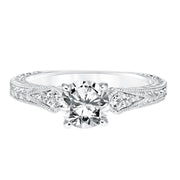 Diamond Prong Set Engagement Ring with Pinched Diamond Engraved  Shank and Milgrain Detail