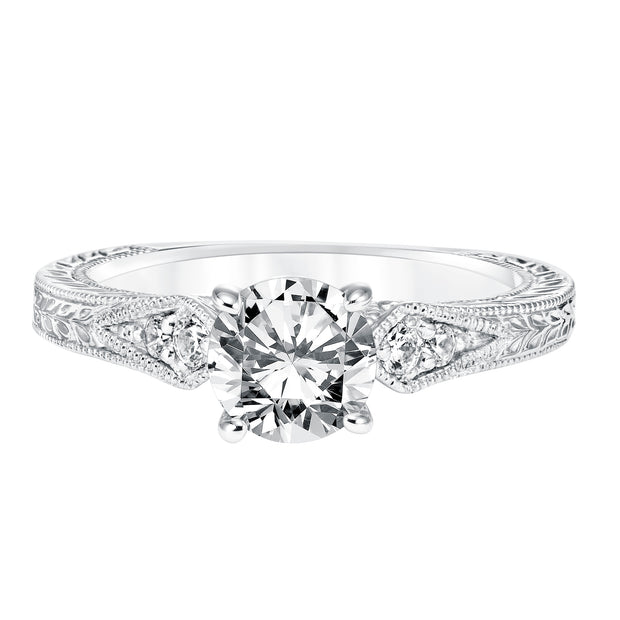 Diamond Prong Set Engagement Ring with Pinched Diamond Engraved  Shank and Milgrain Detail