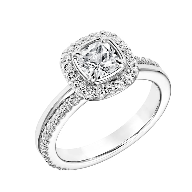 Diamond Halo Engagement Ring with Bezel Set Center and Double Row Asymmetrical Diamond and Polished Shank