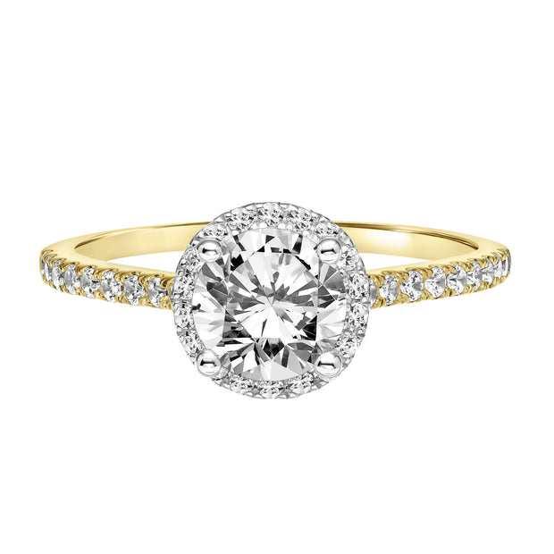 Classic Round Diamond Halo Engagement Ring with Two-Tone Prongs and Diamond Shoulders