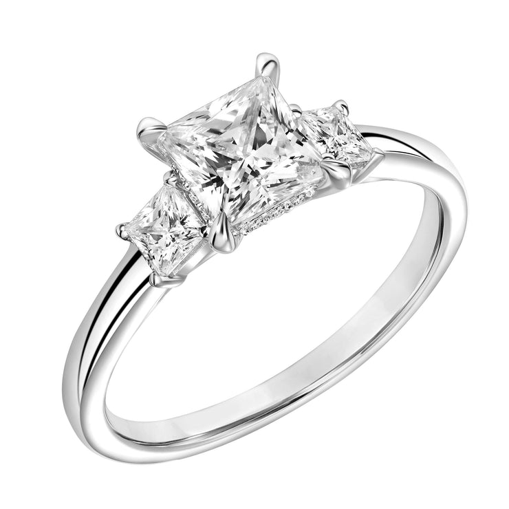 Three Stone Princess Diamond Engagement Ring with Petite Polished Shank