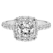 Cushion Shape Diamond Halo Engagement Ring with Diamond Shank
