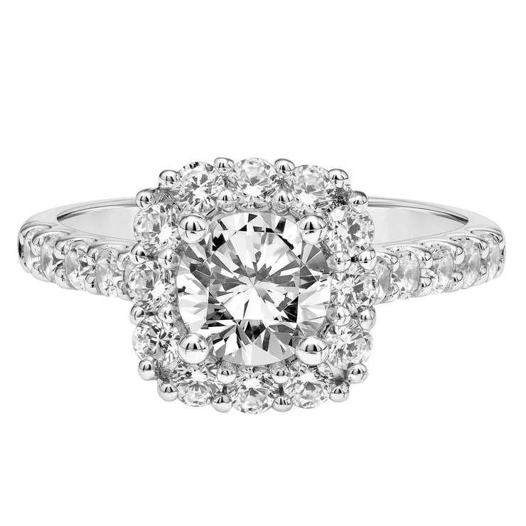 Cushion Shape Diamond Halo Engagement Ring with Diamond Shank
