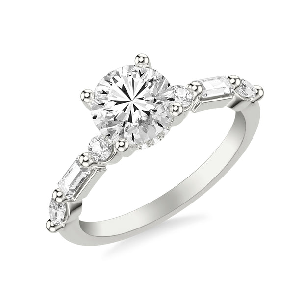 Contemporary Engagement Ring with Hidden Diamond Halo and Mixed Fancy Round and Baguette and Marquise Diamond Shank