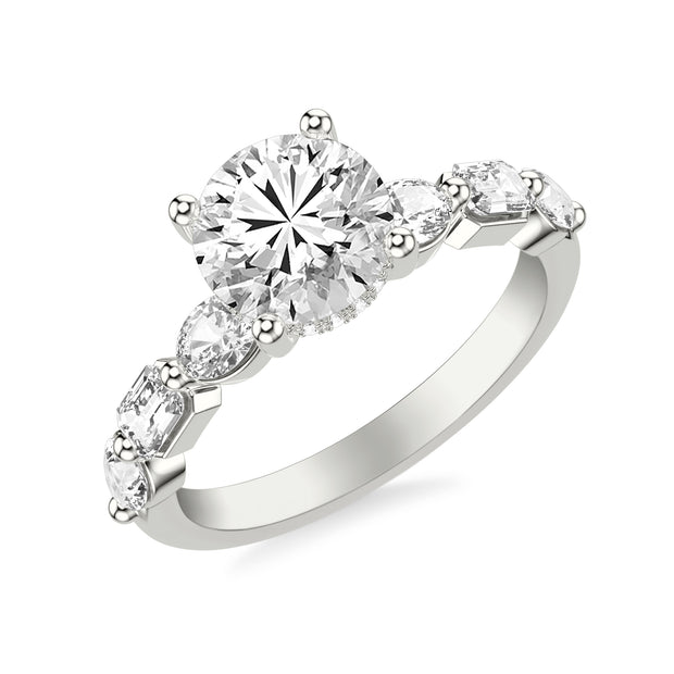 Contemporary Engagement Ring with Hidden Diamond Halo and Mixed Fancy Oval and Emerald and Pear Diamond Shank