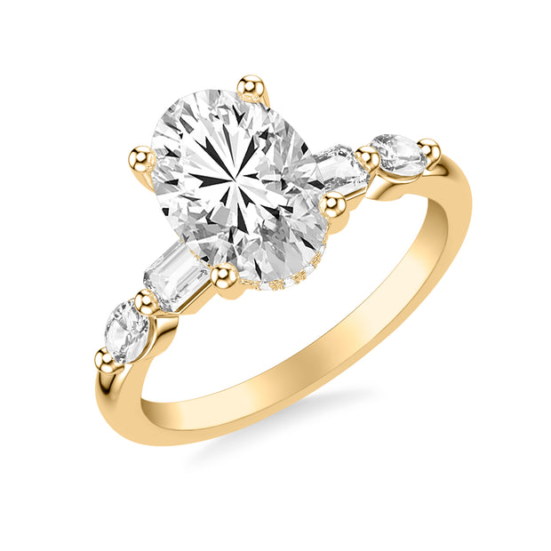 Contemporary Engagement Ring with Hidden Diamond Halo and Mixed Fancy Emerald and Oval Diamond Shank