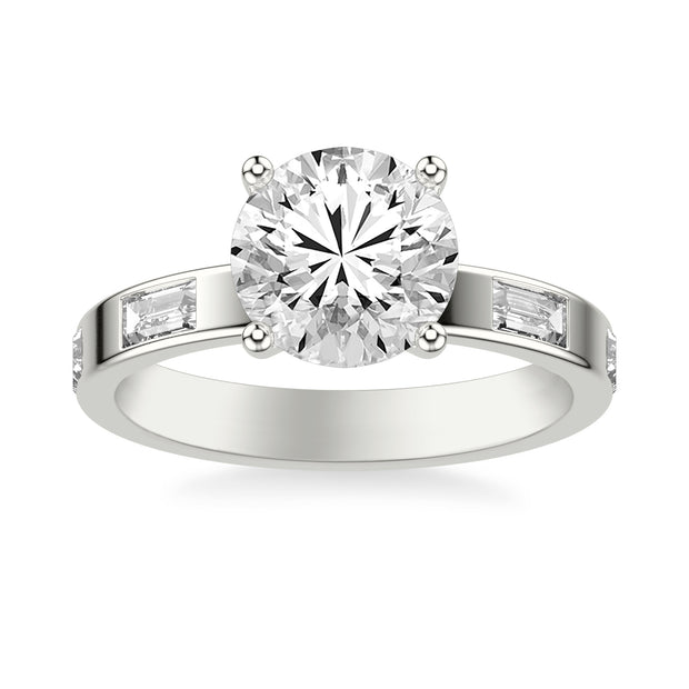 Contemporary Wide Band Engagement Ring with Bezel Set Distance Baguette East/West Diamond Polished Shank