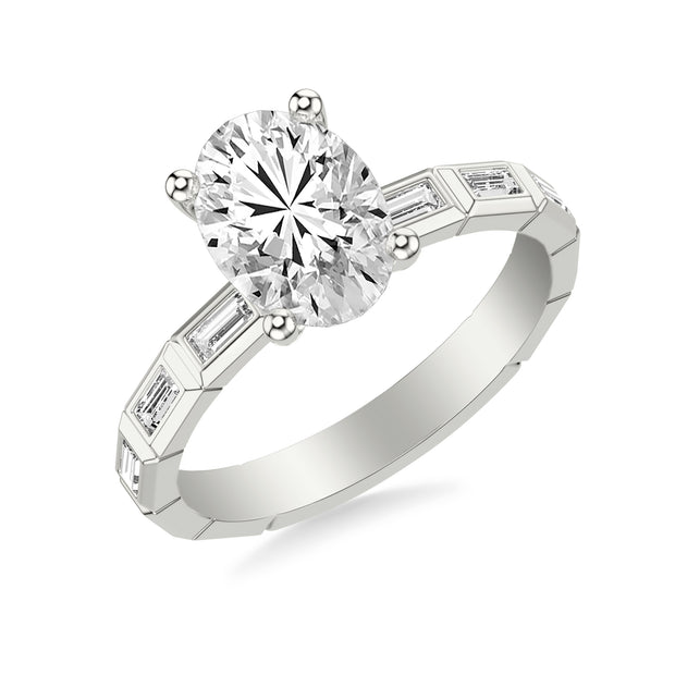 Contemporary Beveled Engagement Ring with Bezel Set East/West Baguette Diamonds