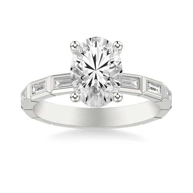 Contemporary Beveled Engagement Ring with Bezel Set East/West Baguette Diamonds