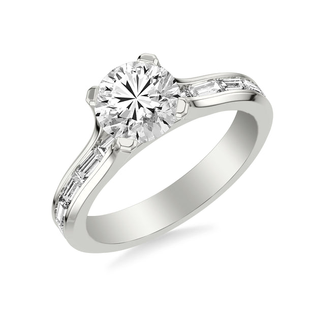 Contemporary Beveled Engagement Ring with Continuous Channel Set East/West Baguette Diamond Shank