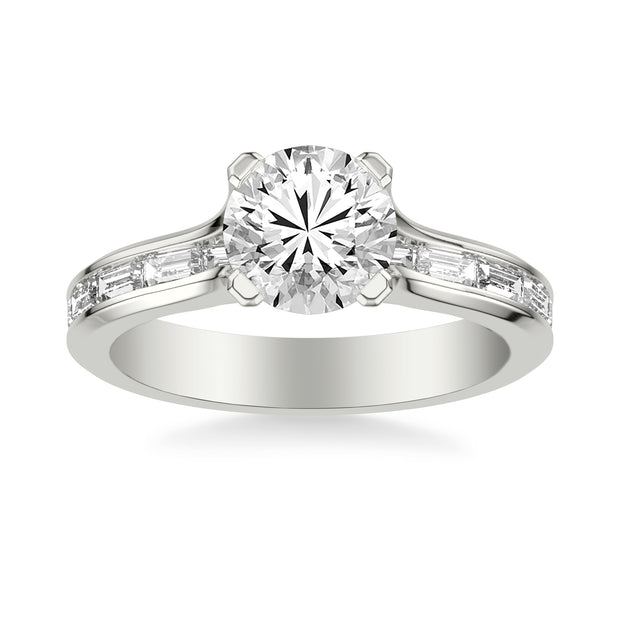 Contemporary Beveled Engagement Ring with Continuous Channel Set East/West Baguette Diamond Shank