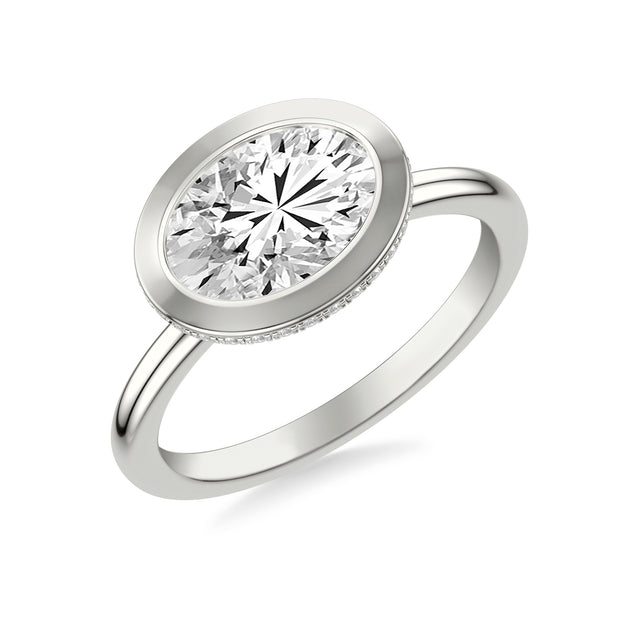 Contemporary East-West Bezel Set Engagement Ring with Hidden Halo and Polished Shank