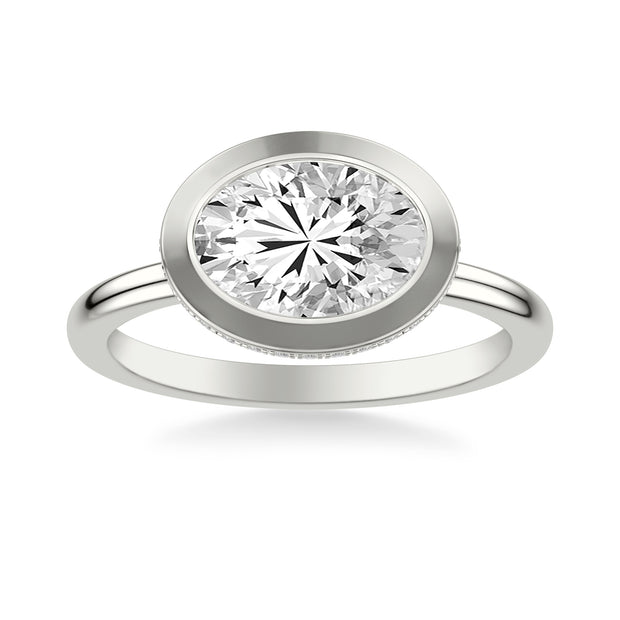 Contemporary East-West Bezel Set Engagement Ring with Hidden Halo and Polished Shank