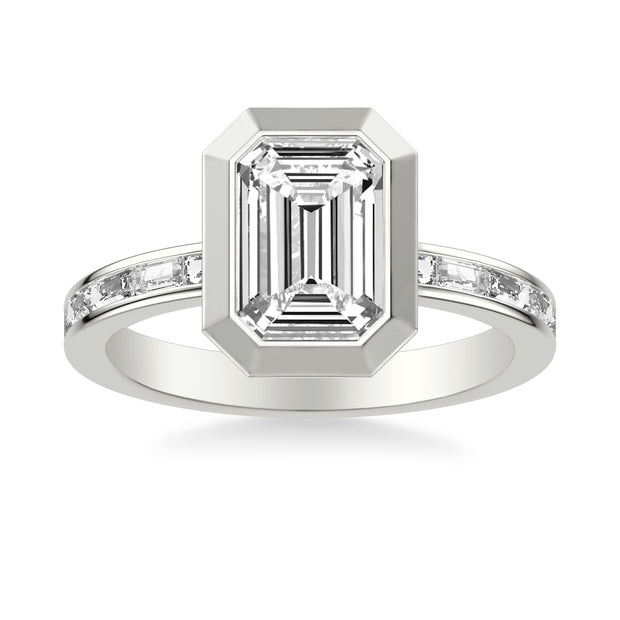 Contemporary Bezel Set Engagement Ring with Channel Set Baguette Diamond Shank