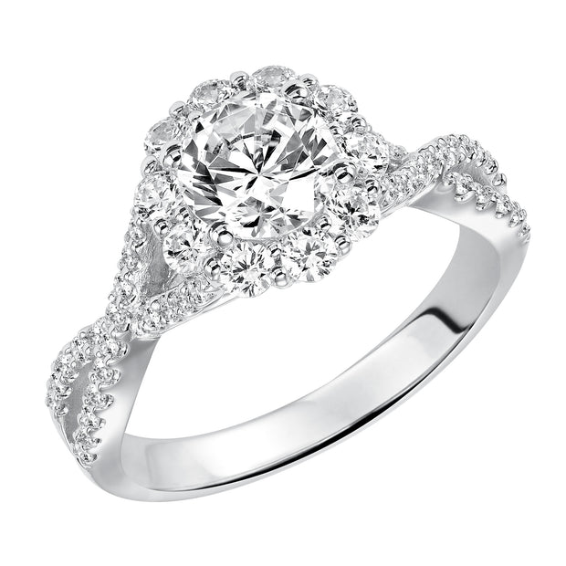 Awe-inspiring sparkle illuminates from this engagement ring featuring a shared prong set diamond halo and elegant twisted diamond band for grand effect.